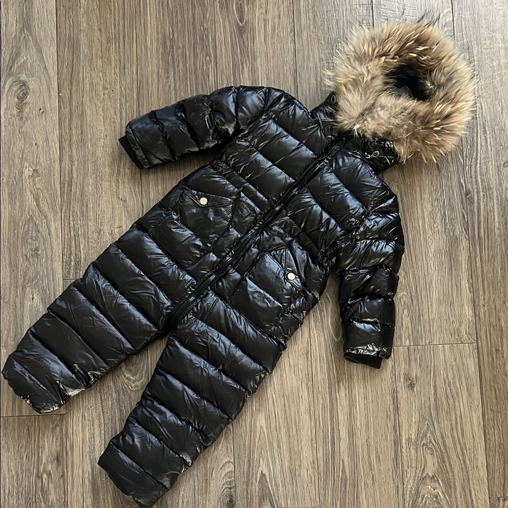 Boys Girls Puffer Snowsuit with Fox Fur Hood black Sz 1-2 Years from Europe